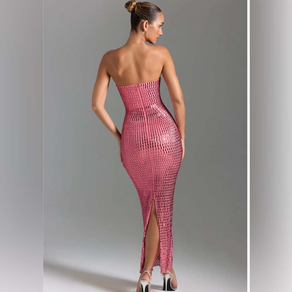 Strapless Pink Mesh Sequin Evening Gown - Picture 4 of 13